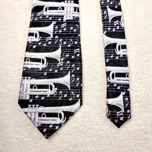 Fratello Elegant Black & Purple Hand Made Trumpet Music Notes Necktie Tie 57 In - Picture 2 of 11